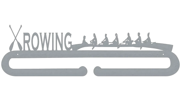 Laser-cut steel wall art featuring the word 'ROWING' with crossed paddles and a silhouette of a rowing team in action. Designed for sports enthusiasts.